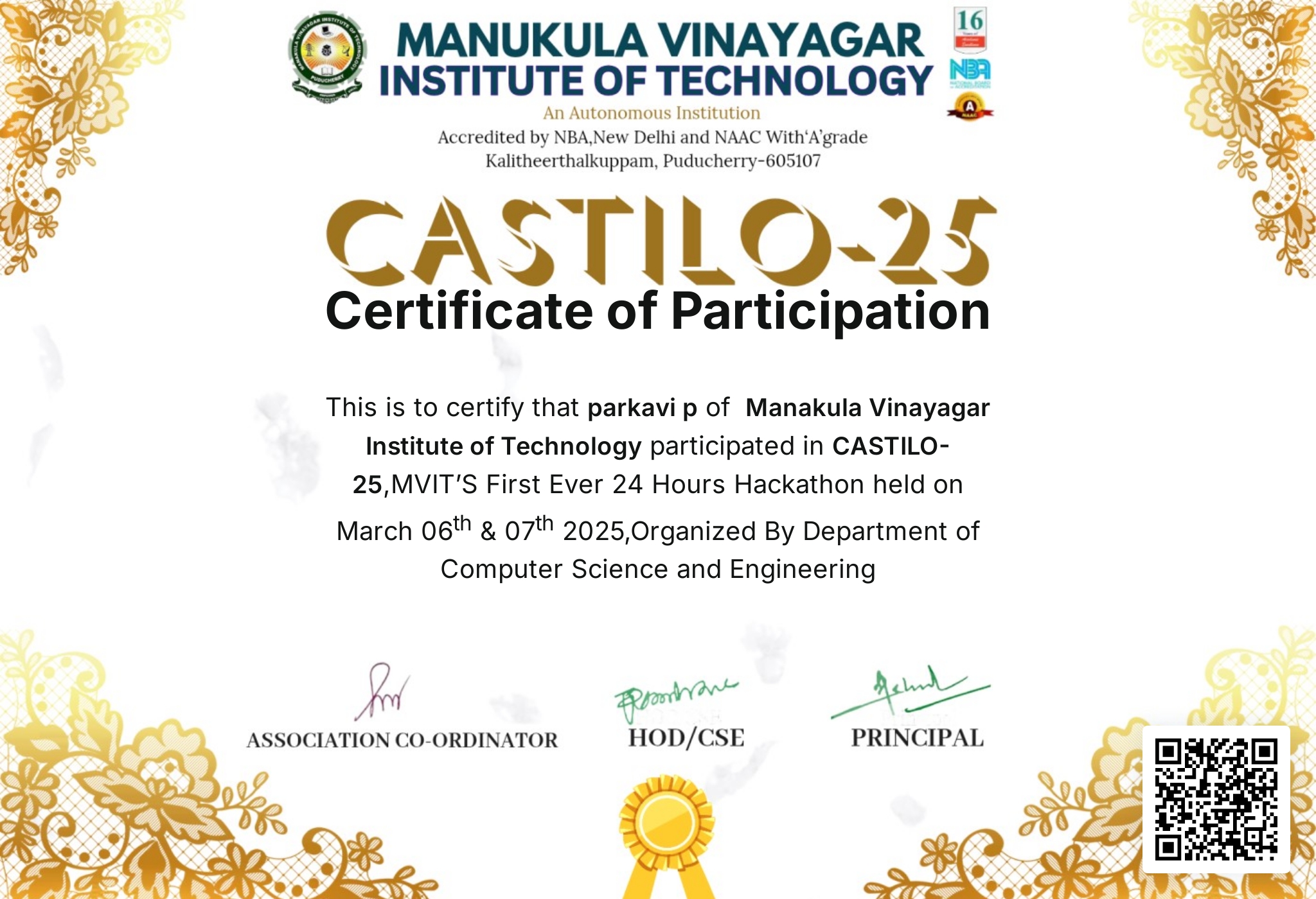 CASTILO-25 Hackathon Certificate