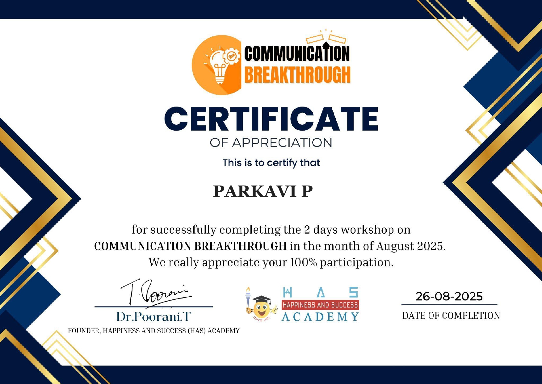 Communication Breakthrough Certificate