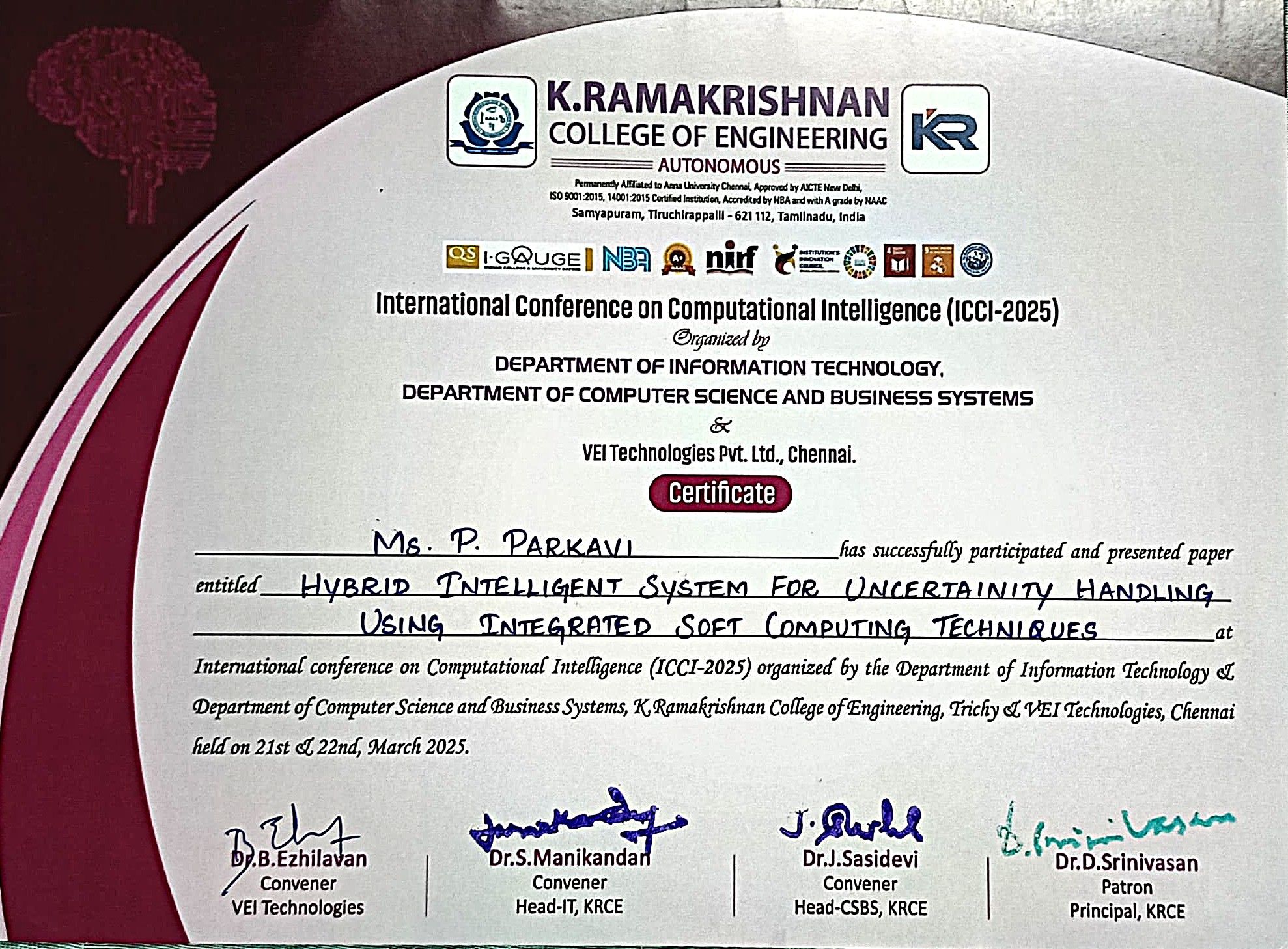 ICCI-2025 Conference Paper Presentation Certificate