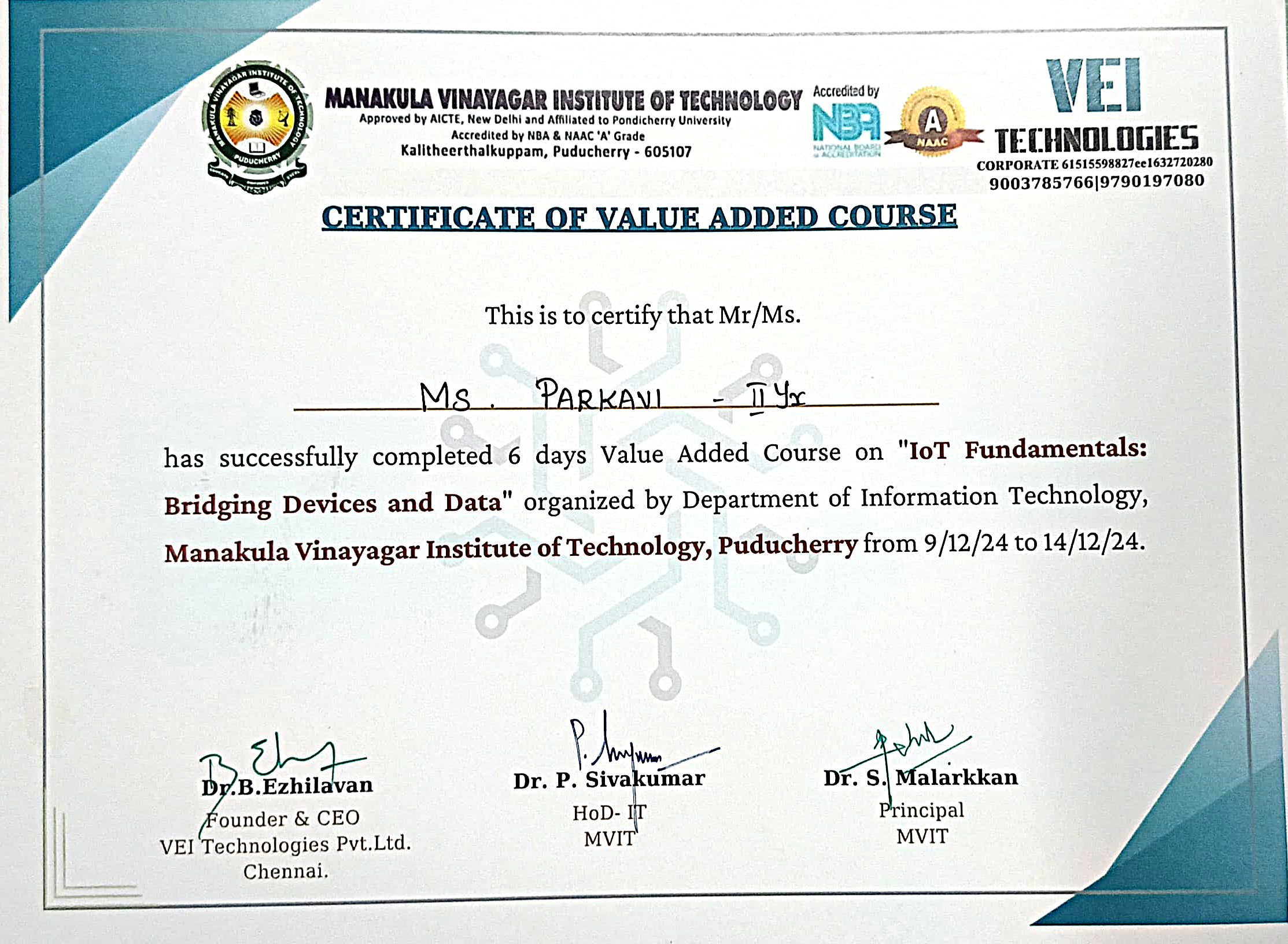 IoT Fundamentals Value Added Course Certificate