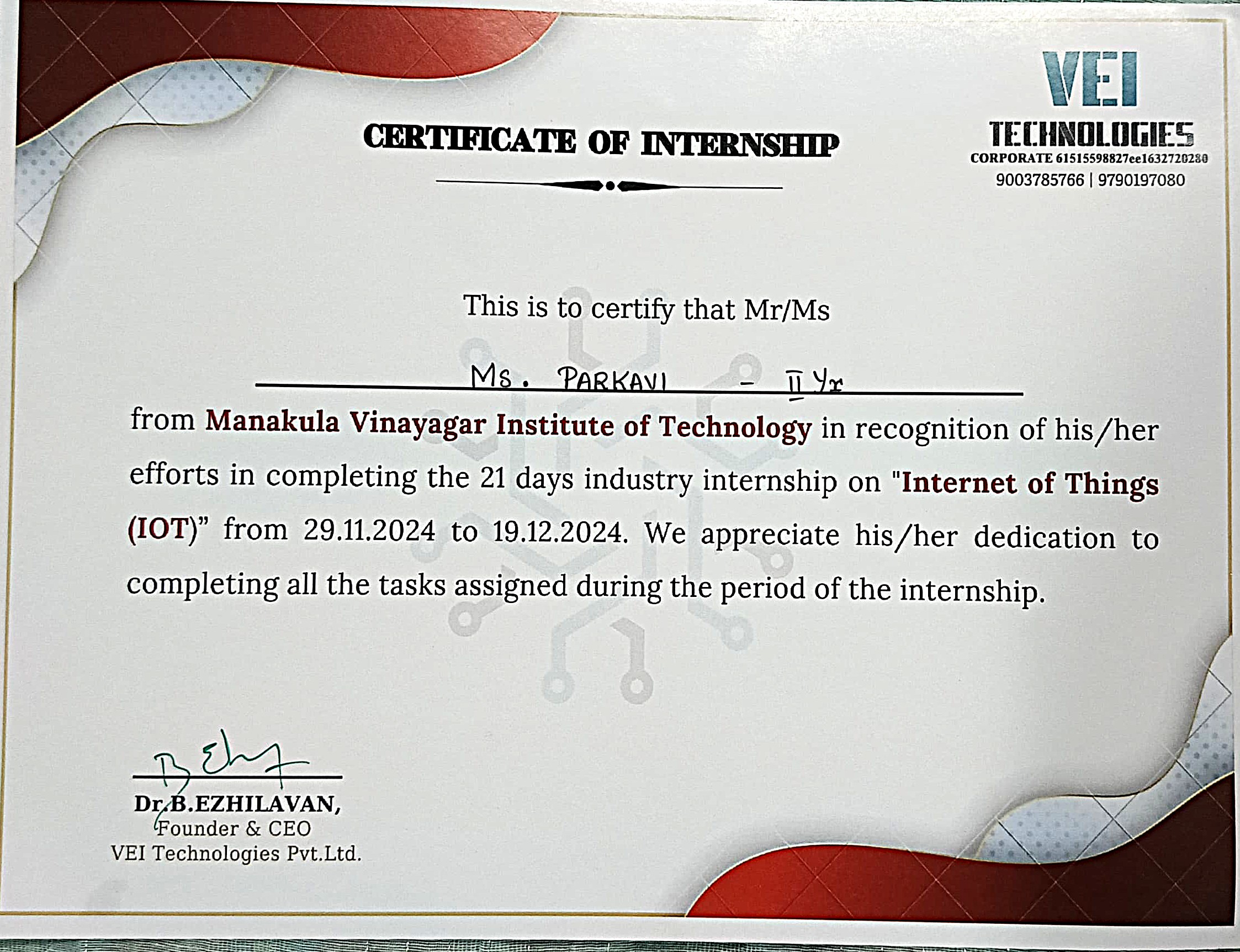 IoT Internship Certificate
