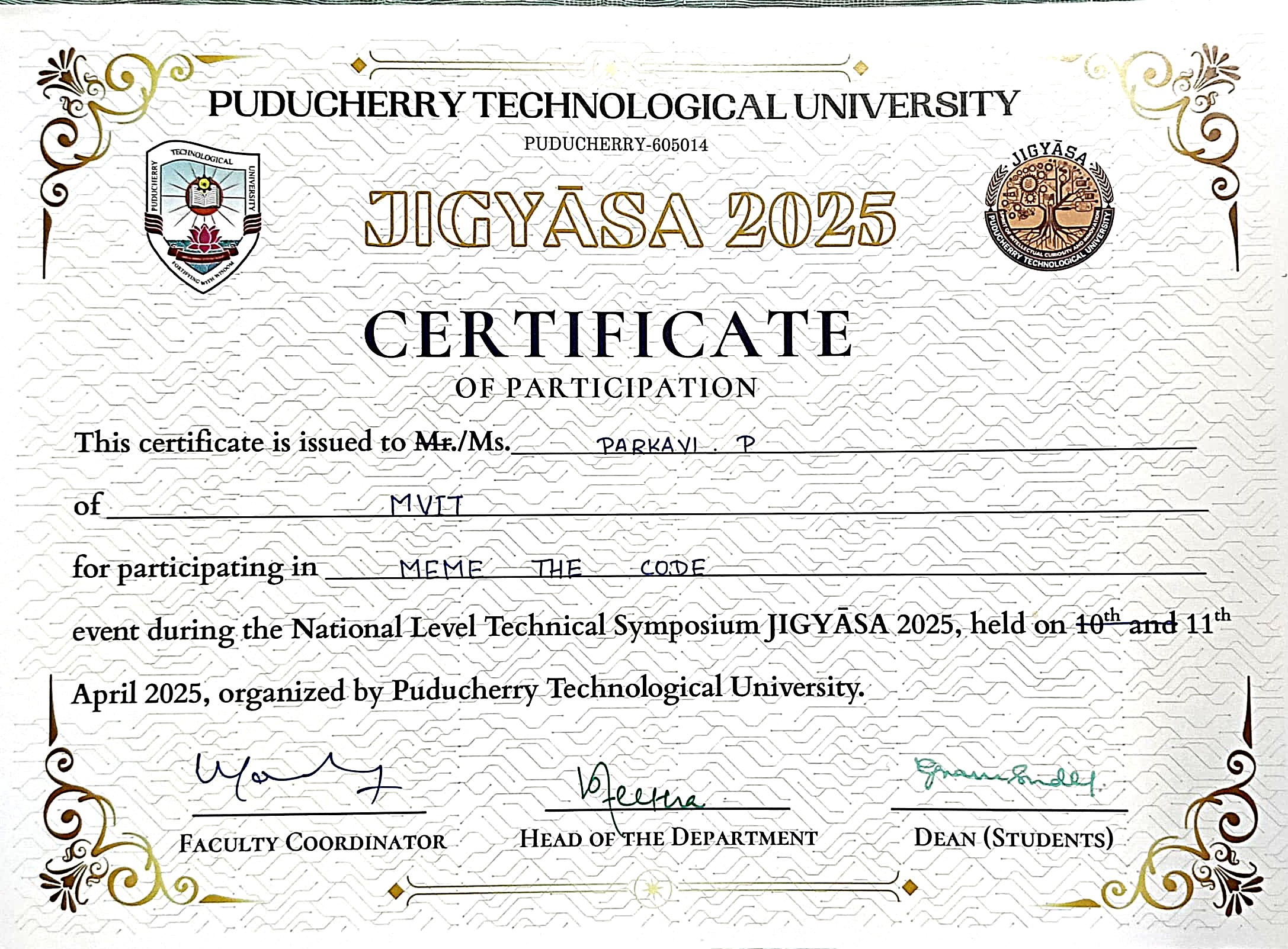 JIGYASA 2025 Participation Certificate