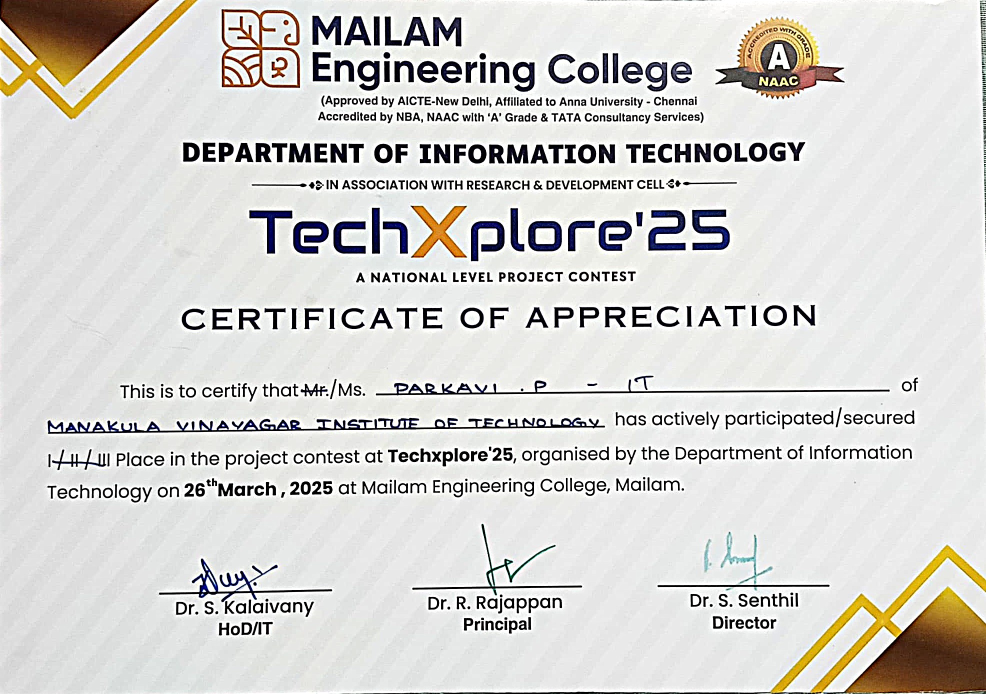 TechXplore’25 Certificate of Appreciation